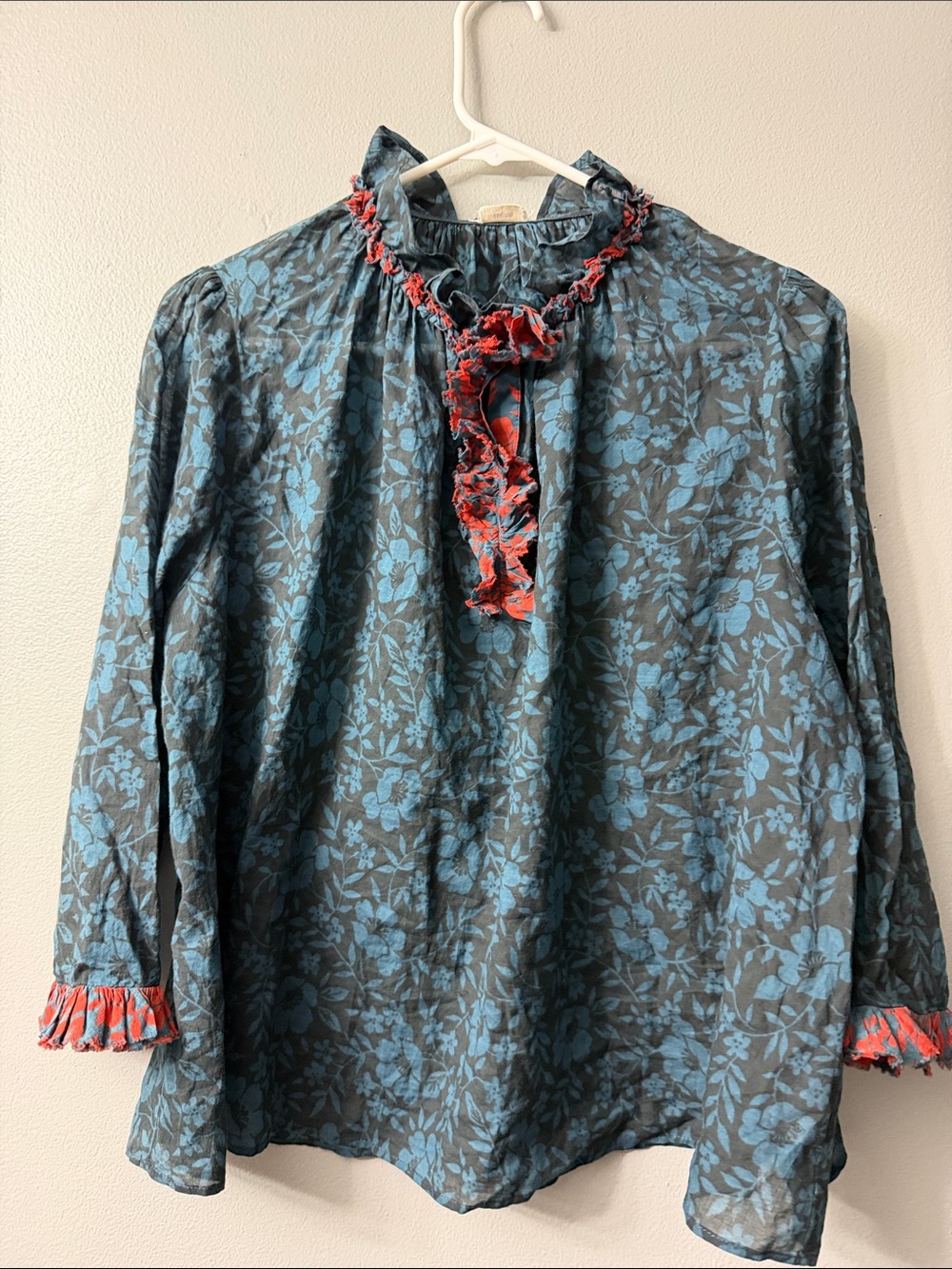 Warm Floral Ruffle-Trim Women’s Blouse in Teal and Red small